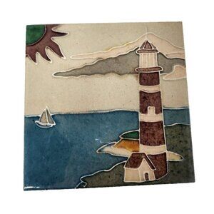 Vintage Enamel Tile Lighthouse Scene Nautical Coastal Hanging Plaque Display